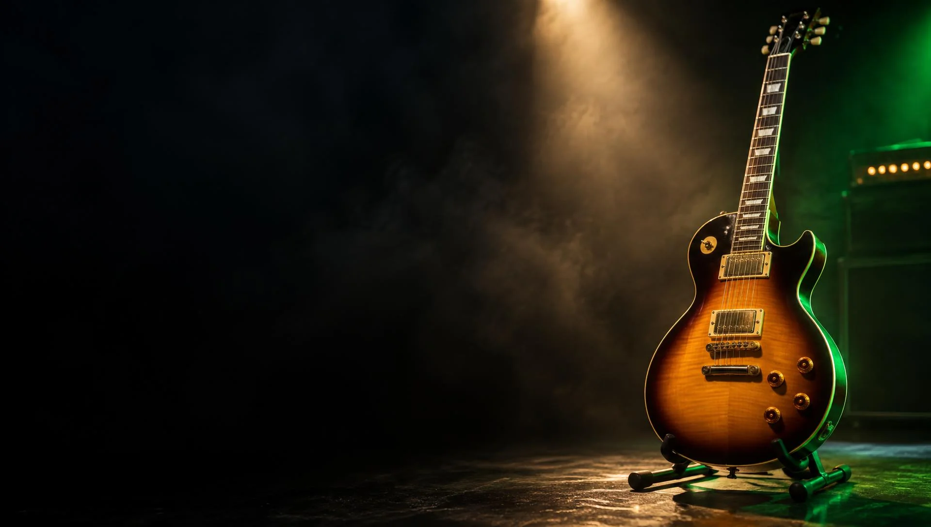 Sunburst electric guitar on a stand under stage lights